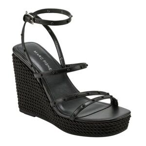 MARC FISHER Womens Black Studded Zig Square Toe Wedge Heeled Sandal 10M
